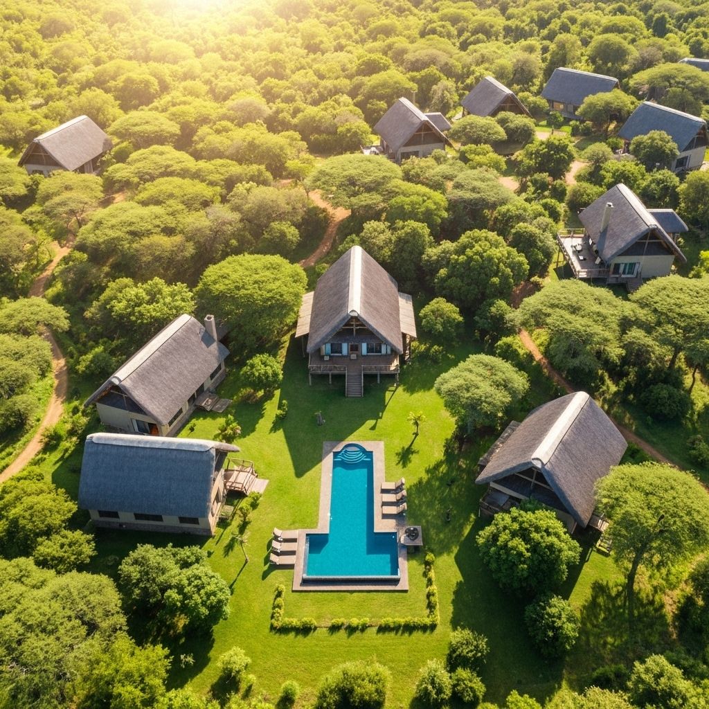 Changamire Camp Accommodation - Aerial View of Thatched Lodges and Pool